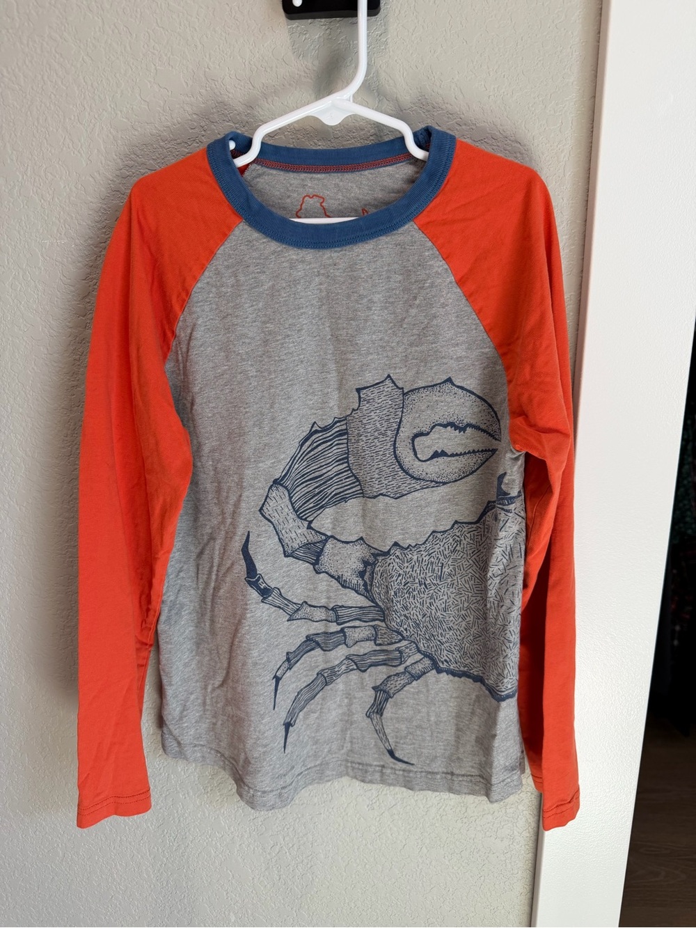 Mini Boden Gray Tee with Orange Raglan Sleeves and Navy Crab Design